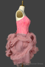 Pink Homecoming Dress Sweetheart Neck Short Prom Dress A Line Prom Dresses with Feather