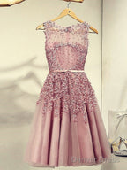 Pink Knee Length Prom Dress, Cute Homecoming Dresses , Tulle Party Dresses