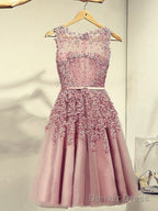 Pink Knee Length Prom Dress, Cute Homecoming Dress , Tulle Prom Dresses