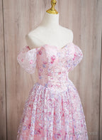Pink Lace A Line Sweetheart Off Shoulder Simple Prom Dress, Pink Lace Prom Dresses