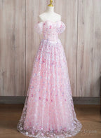 Pink Lace A Line Sweetheart Off Shoulder Simple Prom Dress, Pink Lace Prom Dresses