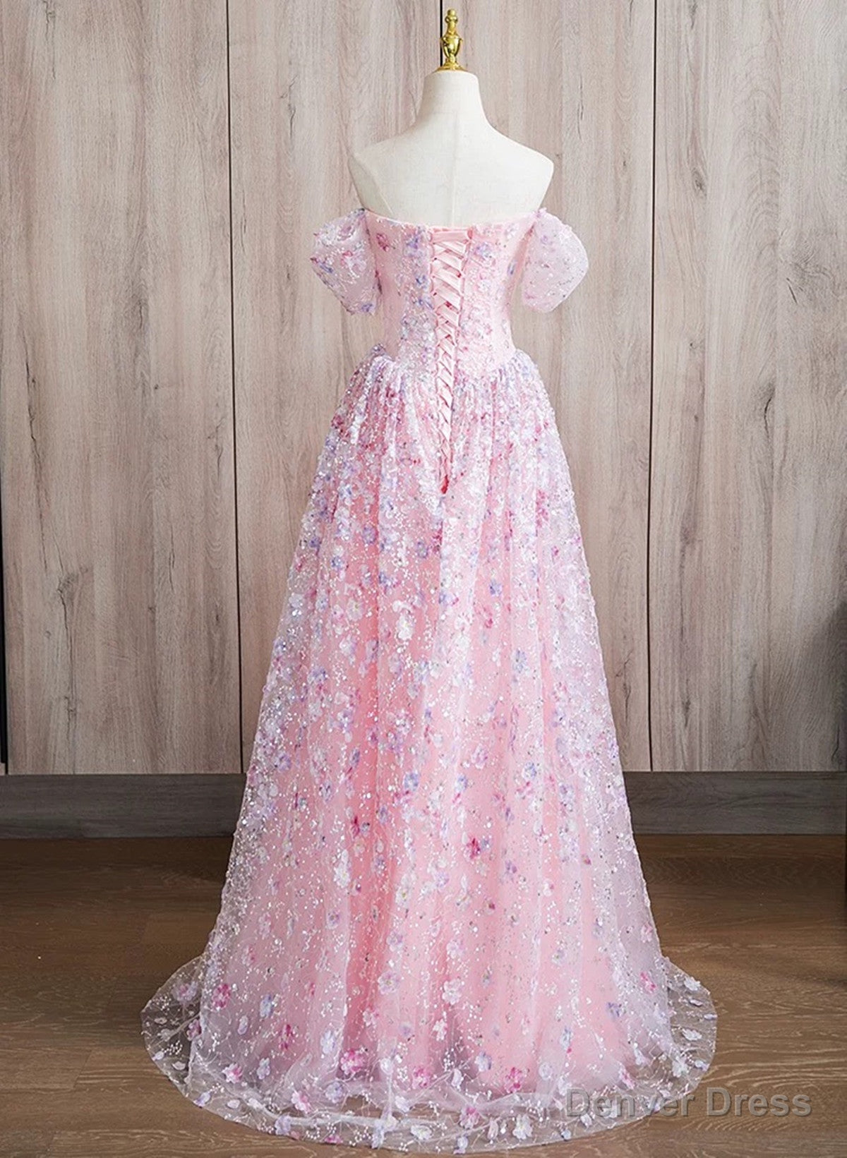 Pink Lace A Line Sweetheart Off Shoulder Simple Prom Dress, Pink Lace Prom Dresses