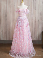 Pink Lace A Line Sweetheart Off Shoulder Simple Prom Dress, Pink Lace Prom Dresses