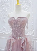 Pink Lace and Tulle A Line Prom Dress with Flowers, Pink Tulle Prom Dresses