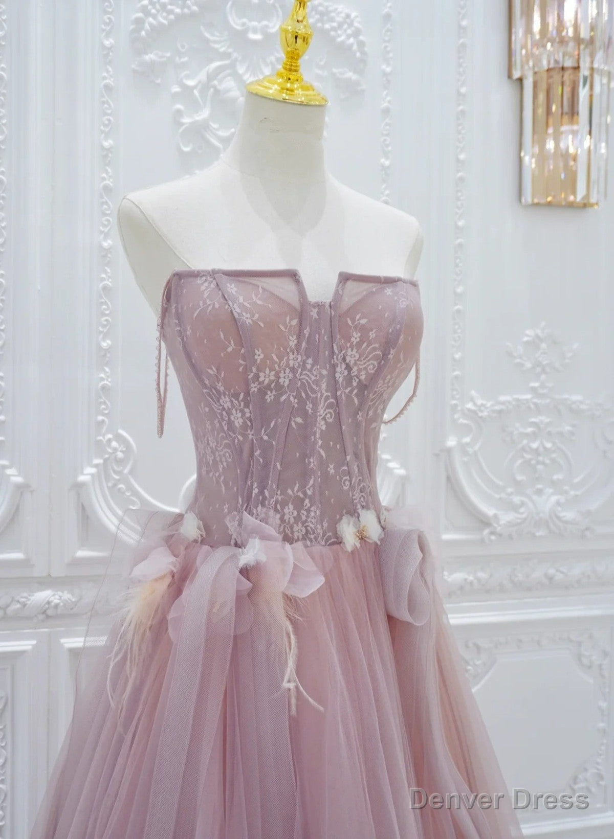 Pink Lace and Tulle A Line Prom Dress with Flowers, Pink Tulle Prom Dresses