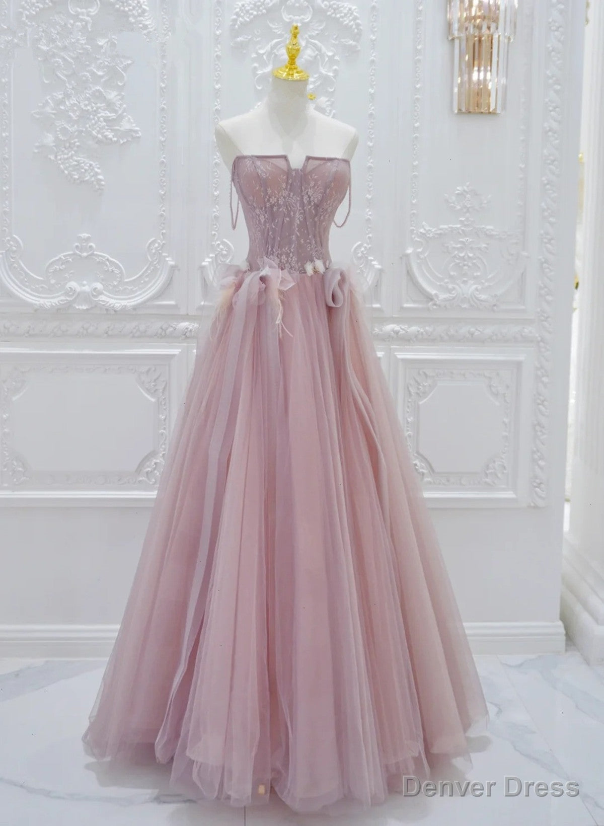 Pink Lace and Tulle A Line Prom Dress with Flowers, Pink Tulle Prom Dresses