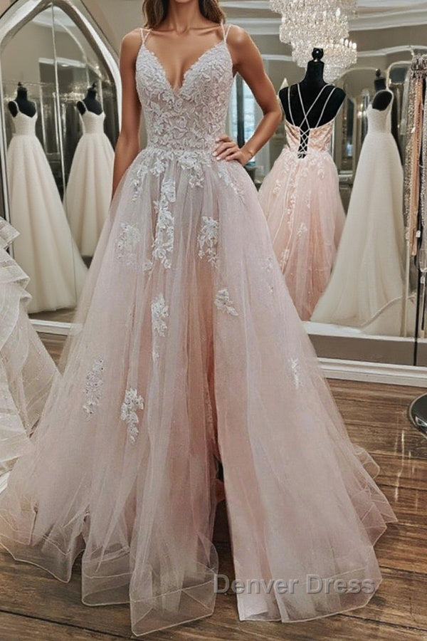 Pink Lace Appliques A Line Open Back Tulle Long Prom Dress, Pink Lace Prom Graduation Prom Dresses Main image