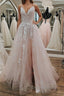 Pink Lace Appliques A Line Open Back Tulle Long Prom Dress, Pink Lace Prom Graduation Prom Dresses