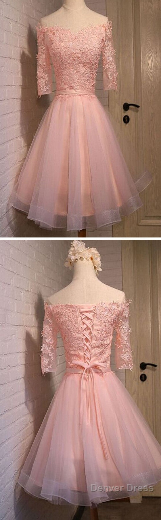 Pink Lace Appliques Organza Lace Up Back Off Shoulder Half Sleeve Homecoming Dresses Secondary image