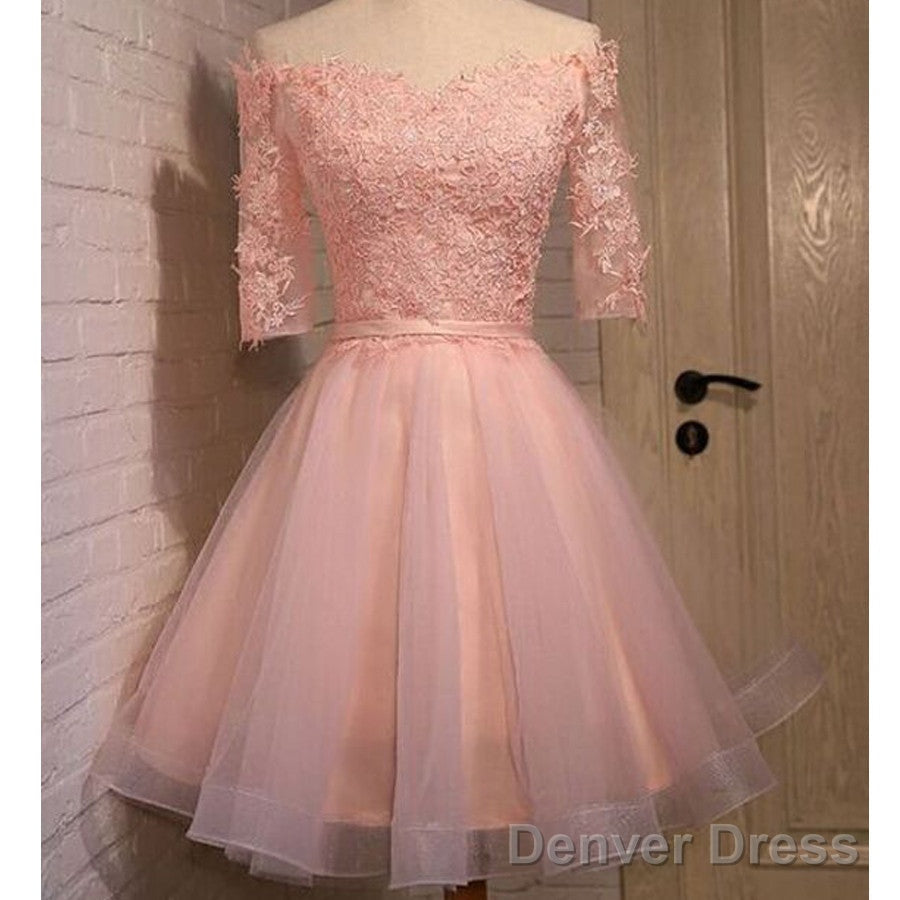 Pink Lace Appliques Organza Lace Up Back Off Shoulder Half Sleeve Homecoming Dresses