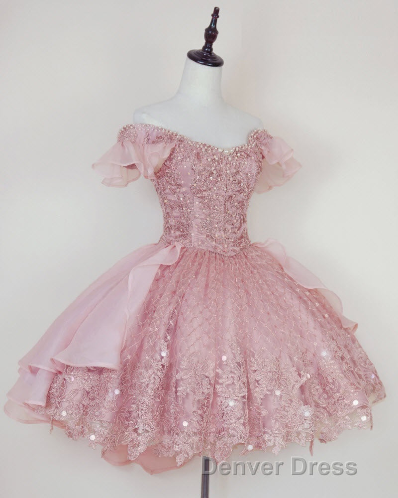 Pink Lace Homecoming Gowns with Beading,Princess Off the Shoulder Hoco Dresses