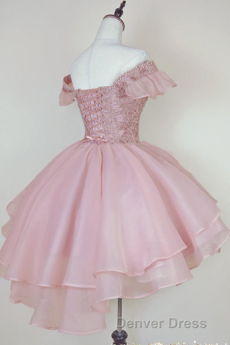 Pink Lace Homecoming Gown with Beading,Princess Off the Shoulder Hoco Dresses