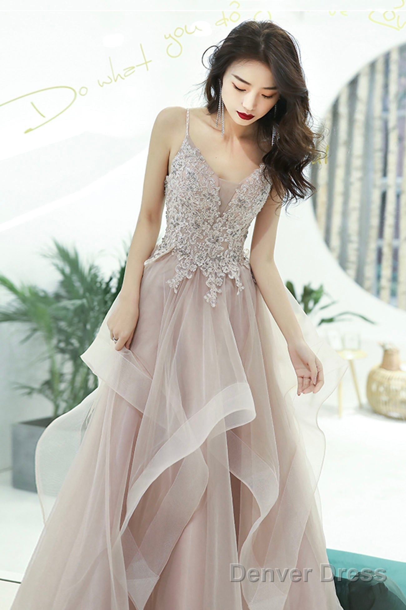 Pink Lace Long A-Line Prom Dress, Pink Spaghetti Straps Evening Dress Secondary image