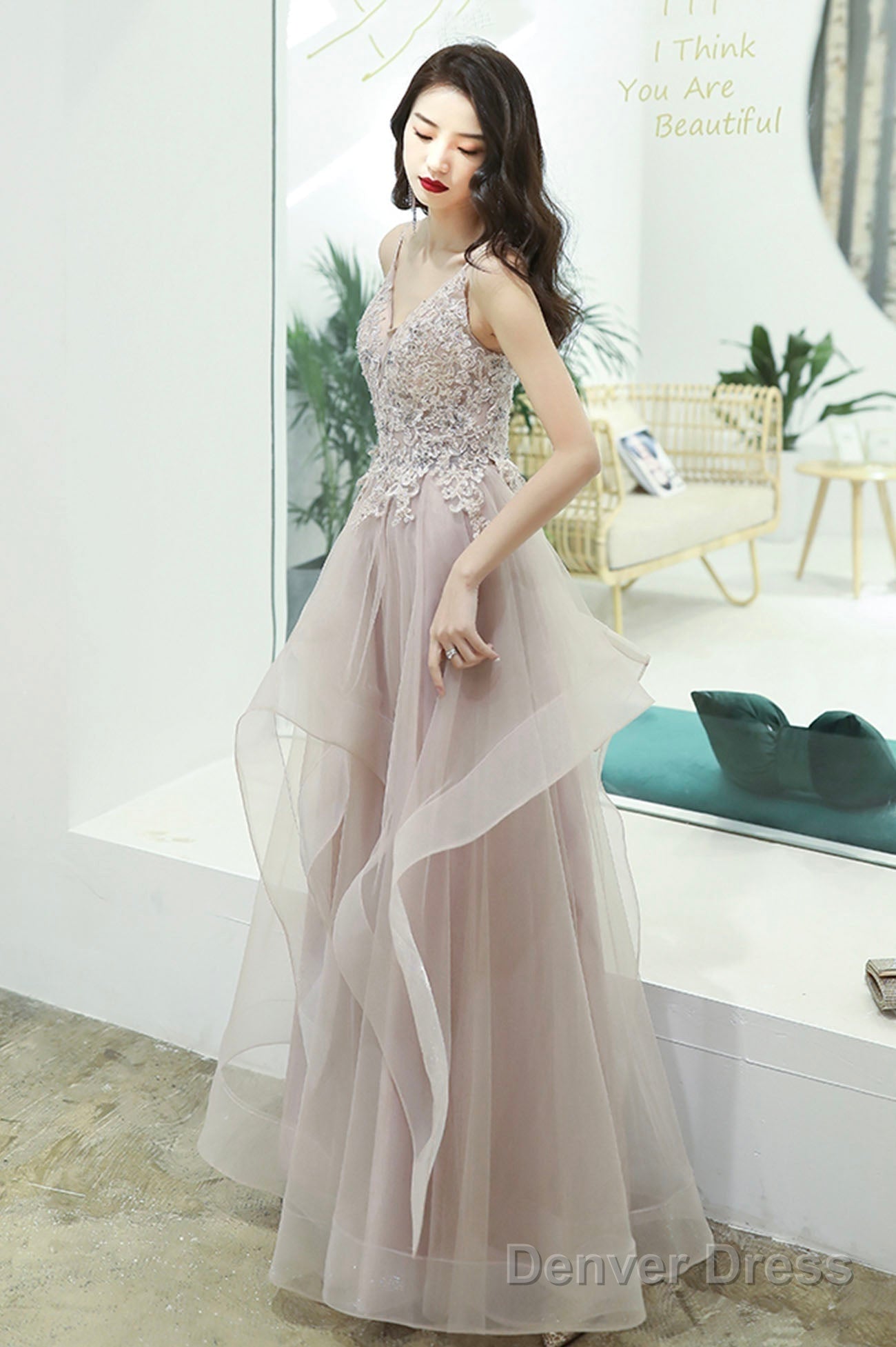 Pink Lace Long A-Line Prom Dress, Pink Spaghetti Straps Evening Dress