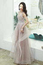 Pink Lace Long A-Line Prom Dress, Pink Spaghetti Straps Prom Dresses