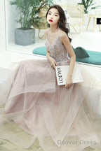 Pink Lace Long A-Line Prom Dress, Pink Spaghetti Straps Evening Dress