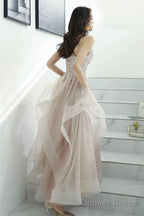 Pink Lace Long A-Line Prom Dress, Pink Spaghetti Straps Prom Dresses