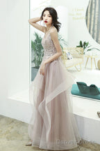 Pink Lace Long A-Line Prom Dress, Pink Spaghetti Straps Prom Dresses