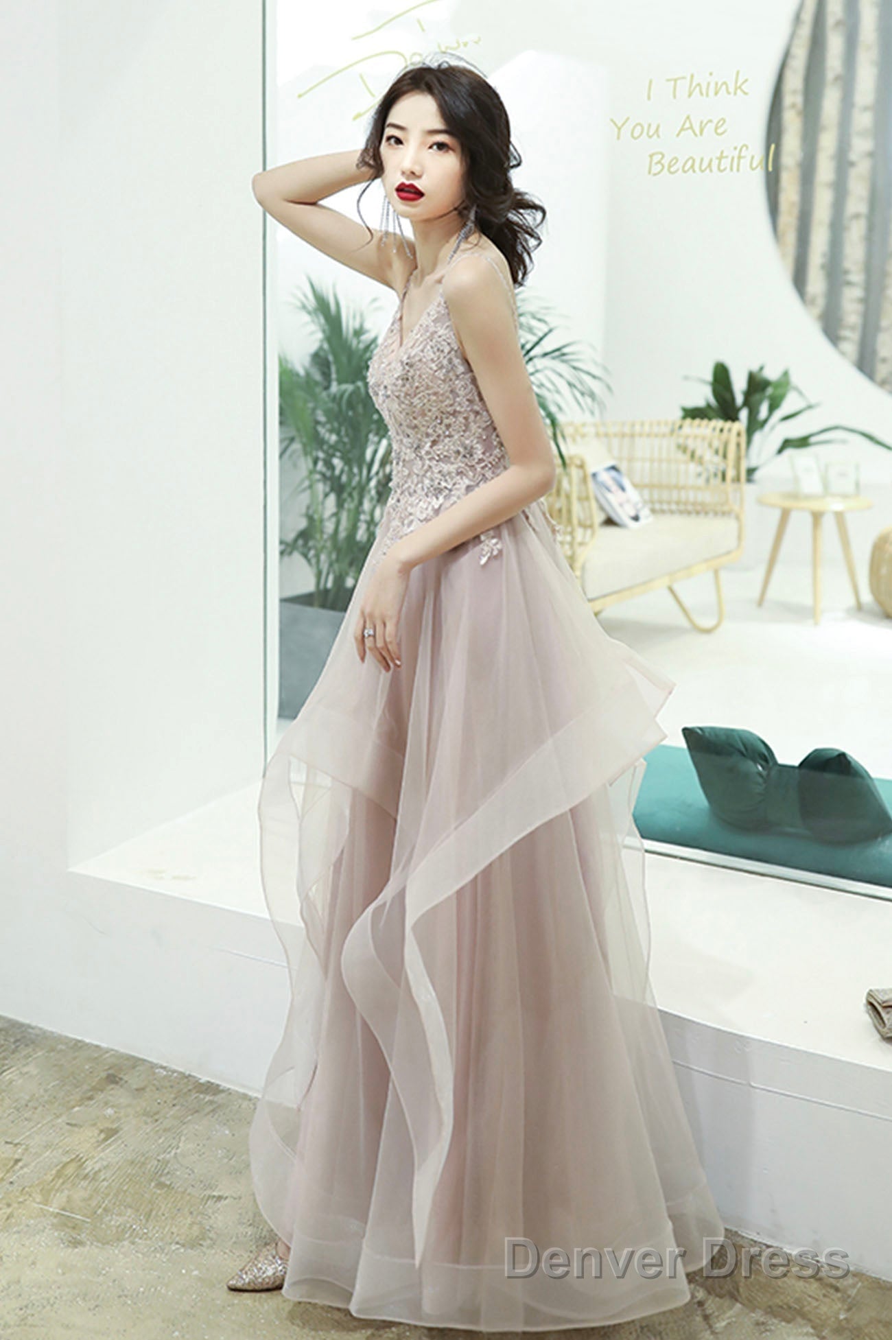 Pink Lace Long A-Line Prom Dress, Pink Spaghetti Straps Prom Dresses