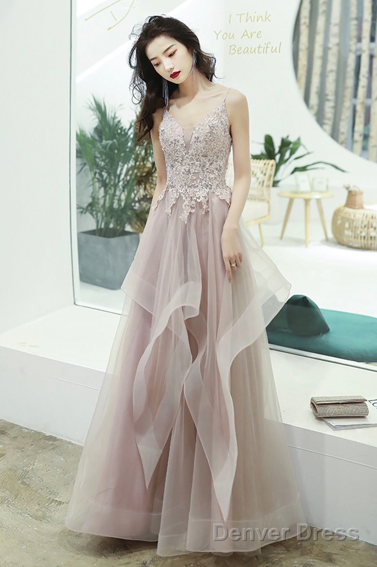 Pink Lace Long A-Line Prom Dress, Pink Spaghetti Straps Evening Dress Main image