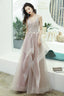 Pink Lace Long A-Line Prom Dress, Pink Spaghetti Straps Evening Dress