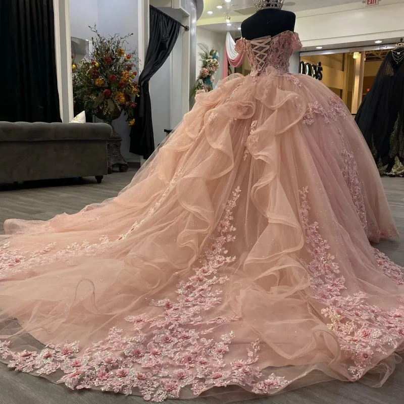 Pink Lace Long Prom Dress, Ball Gowns Sweet 16 Dresses Secondary image