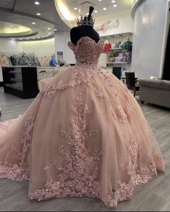 Pink Lace Long Prom Dress, Ball Gowns Sweet 16 Dresses Main image