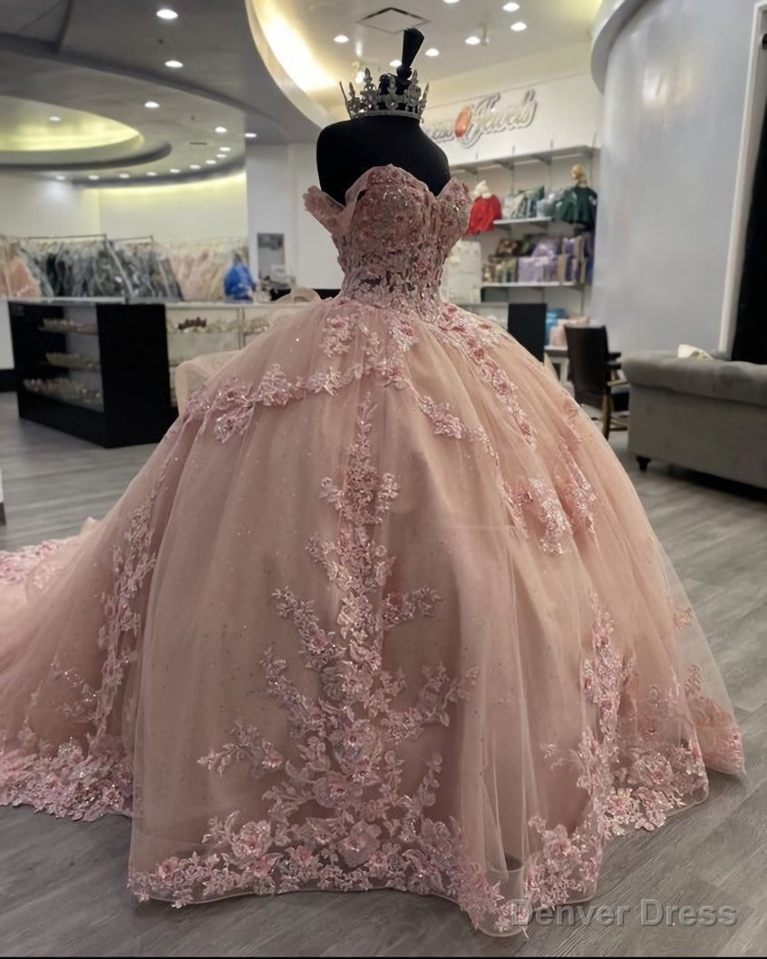 Pink Lace Long Prom Dress, Ball Gowns Sweet 16 Dresses Main image