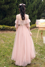 Pink Lace Long Prom Dress, Lovely A Line Prom Dresses
