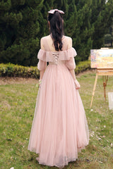 Pink Lace Long Prom Dresses, Lovely A-Line Evening Dresses