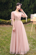 Pink Lace Long Prom Dress, Lovely A Line Prom Dresses