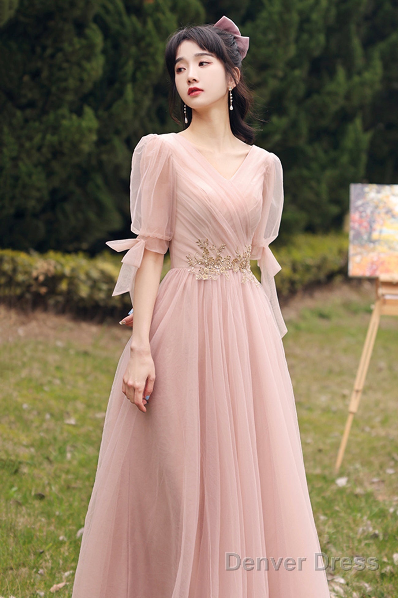 Pink Lace Long Prom Dress, Lovely A Line Prom Dresses