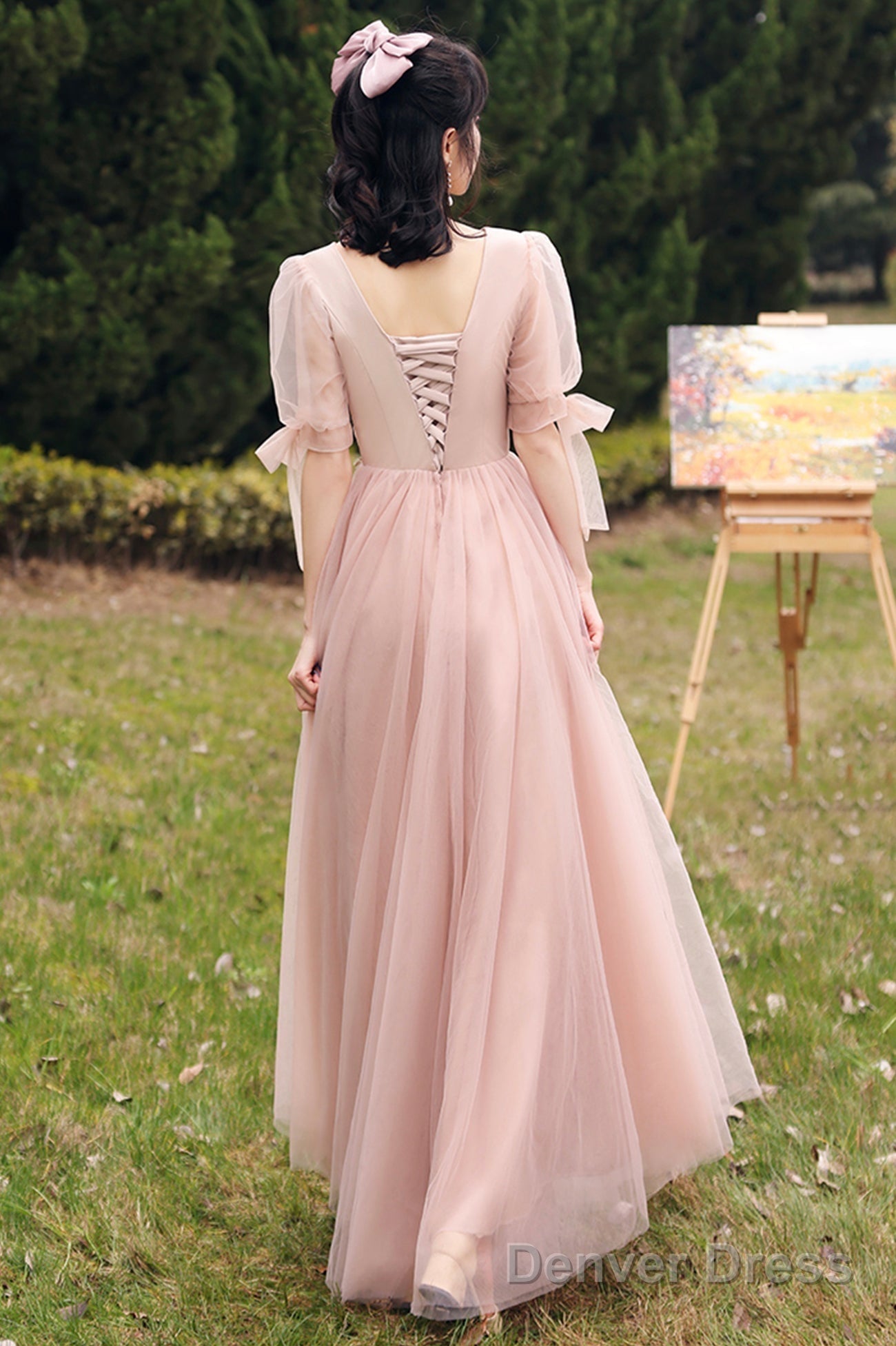 Pink Lace Long Prom Dresses, Lovely A-Line Evening Dresses