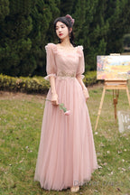 Pink Lace Long Prom Dress, Lovely A Line Prom Dresses