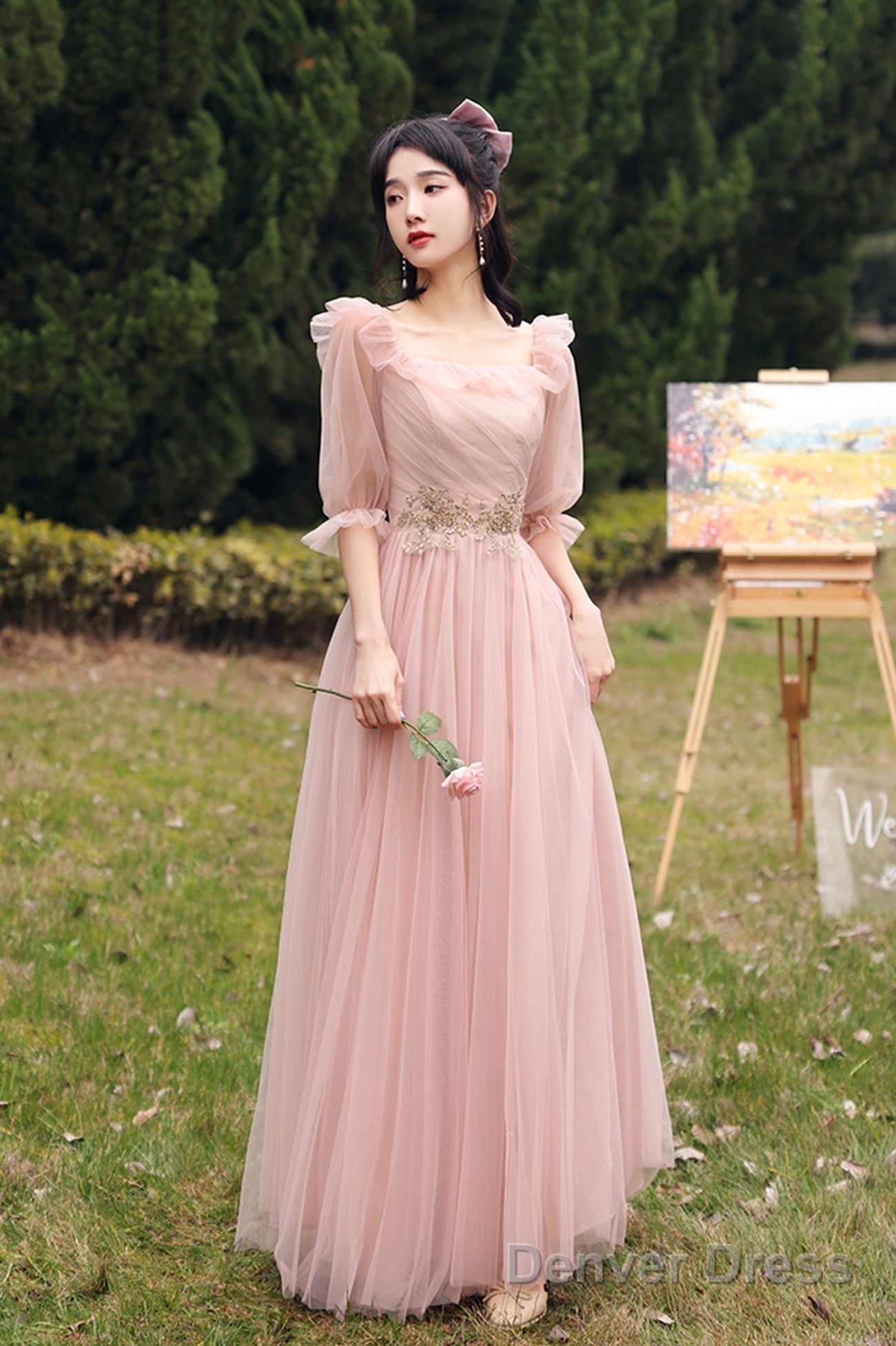 Pink Lace Long Prom Dress, Lovely A Line Prom Dresses