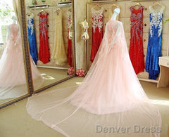 Pink Lace Long Sleeves Prom Dresses