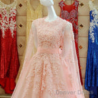 Pink Lace Long Sleeves Prom Dresses