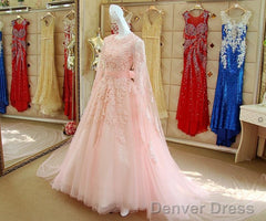 Pink Lace Long Sleeves Prom Dresses