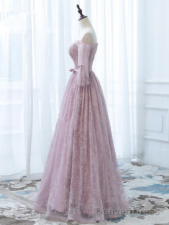 Pink Lace Off Shoulder Sleeves Long Prom Dress, Lace Wedding Prom Dresses Secondary image