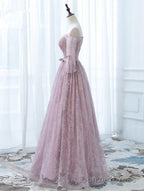 Pink Lace Off Shoulder Sleeves Long Prom Dress, Lace Wedding Prom Dresses