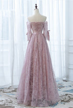 Pink Lace Off Shoulder Sleeves Long Party Dress, Lace Wedding Party Dress