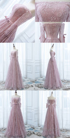 Pink Lace Off Shoulder Sleeves Long Party Dress, Lace Wedding Party Dress