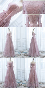 Pink Lace Off Shoulder Sleeves Long Prom Dress, Lace Wedding Prom Dresses