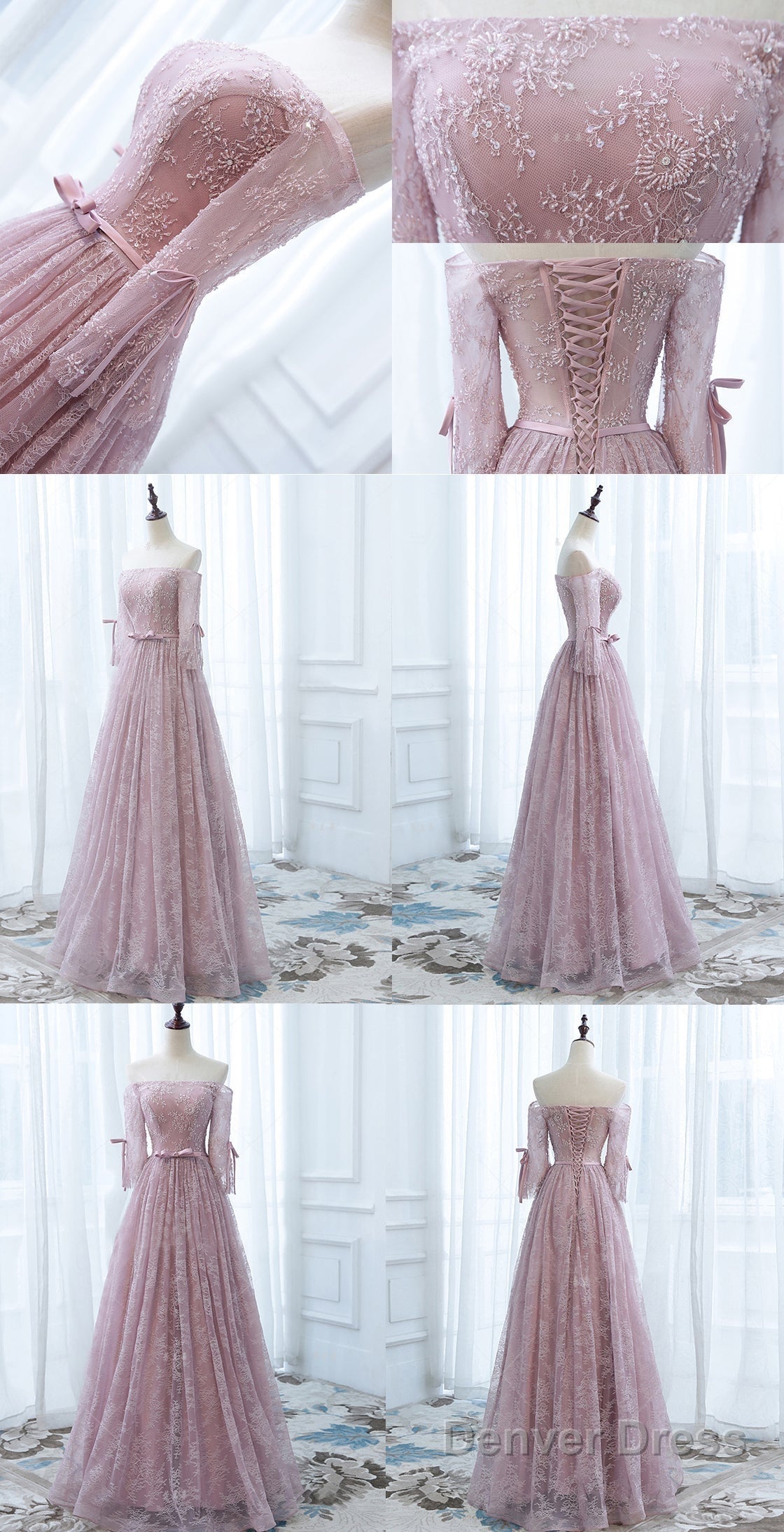 Pink Lace Off Shoulder Sleeves Long Prom Dress, Lace Wedding Prom Dresses