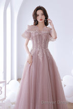 Pink Lace Off The Shoulder Prom Dress, Cute Pink Graduation Dresses