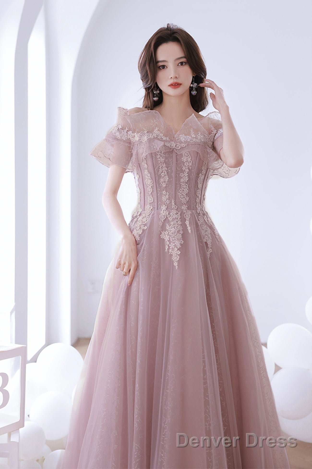 Pink Lace Off The Shoulder Prom Dress, Cute Pink Graduation Dresses
