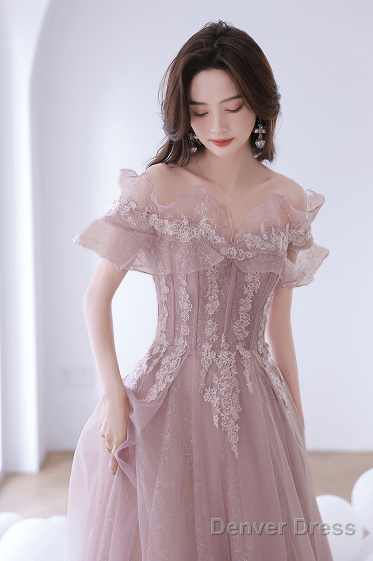 Pink Lace Off The Shoulder Prom Dress, Cute Pink Graduation Dresses