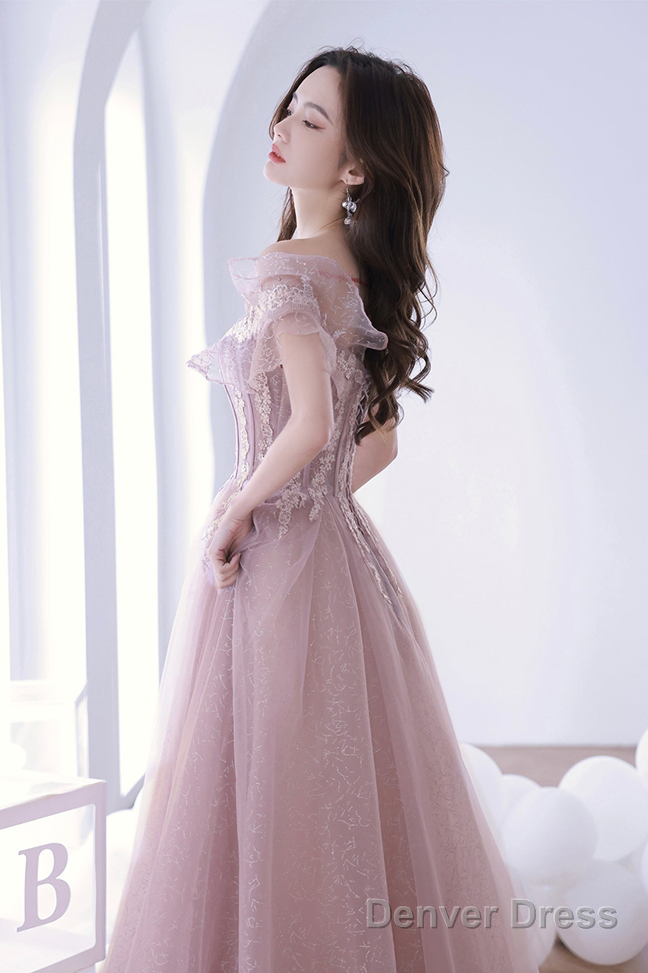 Pink Lace Off The Shoulder Prom Dress, Cute Pink Graduation Dresses