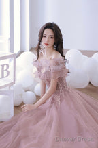 Pink Lace Off The Shoulder Prom Dress, Cute Pink Graduation Dresses