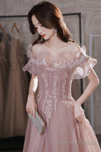 Pink Lace Off The Shoulder Prom Dress, Cute Pink Graduation Dresses